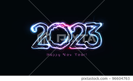 2023 numbers with magic luminous lightning contour. Happy New Year event poster, greeting card cover, 2023 calendar design, invitation to celebrate New Year and Christmas. Vector illustration 96604763