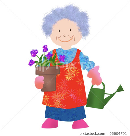 一個快樂的祖母愉快地照料花園的插圖 96604791