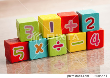 Number wood block cubes for learning Mathematic, education math concept. 96605441