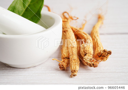 Ginseng roots and green leaf, healthy food. Ginseng roots and green leaf, healthy food. 96605446