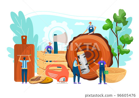 Wood worker man person work at industry job, vector illustration. Professional male lumberjack with cartoon equipment tool. Wood worker man person work at industry job, vector illustration. Professional male lumberjack with cartoon equipment tool. 96605476