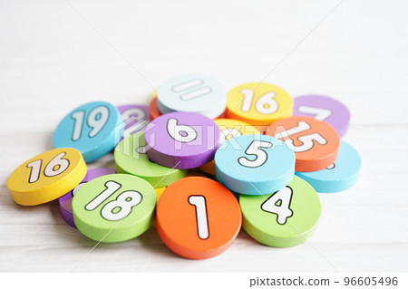 Number wood block cubes for learning Mathematic, education math concept. 96605496