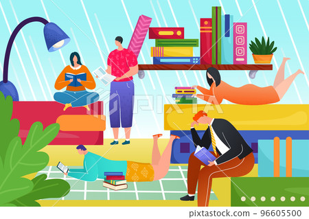 Study knowledge concept, vector illustration. People character read book for school education. Woman man student learn at library design. Study knowledge concept, vector illustration. People character read book for school education. Woman man student learn at library design. 96605500