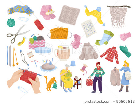 Knit clothes set of vector illustration. Winter knitted clothes set, cozy collection. Hat, sweater, grandmother with wool scarf knitting. 96605618