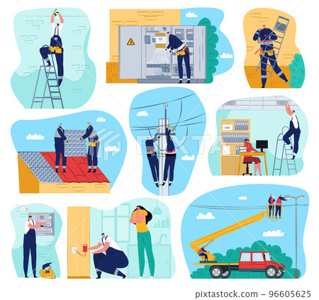 Electricity works set of vector illustrations. Electric works and equipment, electricians performing electrical works indoors and outdoors. 96605625