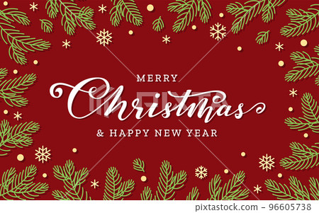 Merry Christmas Happy New Year greeting card. Xmas red background with hand lettering, border of christmas tree green branches, gold snowflakes confetti. Winter holiday banner, poster, postcard flyer Merry Christmas Happy New Year greeting card. Xmas red background with hand lettering, border of christmas tree green branches, gold snowflakes confetti. Winter holiday banner, poster, postcard flyer 96605738