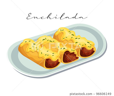 Enchilada with meat with sauce on a dish, latin american cuisine, mexican national cuisine. Food illustration, vector Enchilada with meat with sauce on a dish, latin american cuisine, mexican national cuisine. Food illustration, vector 96606149