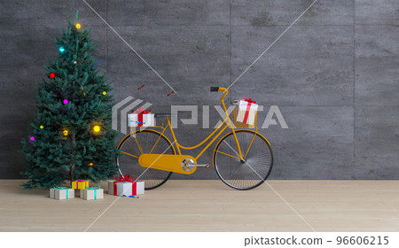 Yellow bicycle with gift box and Christmas tree mockup design 96606215