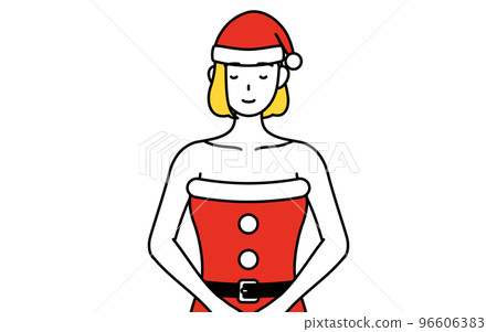 A woman in a Santa Claus costume bowing with her hands folded in front of her body 96606383
