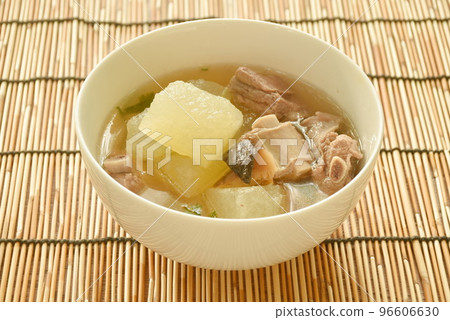 boiled winter melon with pork bone and black mushroom soup on bowl boiled winter melon with pork bone and black mushroom soup on bowl 96606630