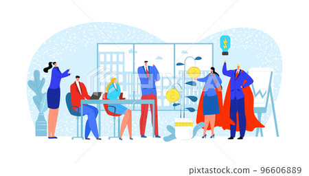 Solution in cartoon office, people work at success technology vector illustration. Flat business team with man woman super hero 96606889