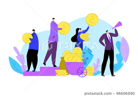 People hold in hand finance coin money, business currency investment vector illustration. Businessman woman giving money cash concept. 96606890