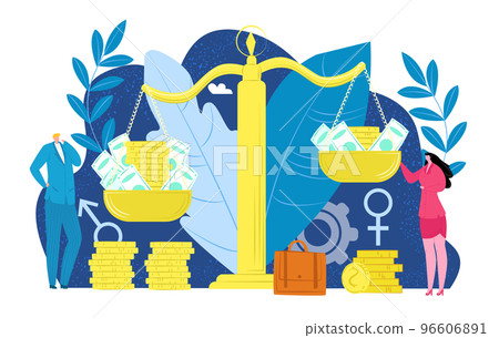 Gender discrimination for money, male female people at business work vector illustration. Sex equility at man woman career, wage and salary concept 96606891