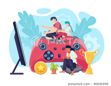 Video game entertainment with joystick, vector illustration. Boy girl child gamer at flat home play with console, controller. 96606896