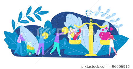 Property, house, car and money for people feelings vector illustration. Person sell love, woman and cartoon real estate at scales. 96606915