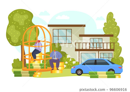 Buy sale people feelings by house, home property vector illustration. Person character in real estate, cartoon apartment and car. 96606916