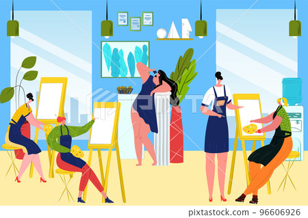 Group students paint picture woman in art class, vector illustration. Indoors young artists with easel, brush, palette trained in fine arts. Group students paint picture woman in art class, vector illustration. Indoors young artists with easel, brush, palette trained in fine arts. 96606926