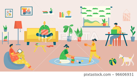 Family work at home, freelance by computer vector illustration. Mother father people freelancer use laptop, flat child play at room. 96606931