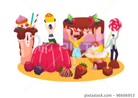 Dessert pastry food with people character, vector illustration. Sweet bakery flat cake concept, cartoon man woman near delicious chocolate product. 96606953
