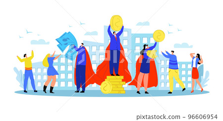 Businessman hero give money, vector illustration. Cartoon business character near superman person, flat design with golden coin. 96606954