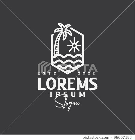 Minimalist palm sunset sunrise beach logo design Line art icon vector illustration 96607193