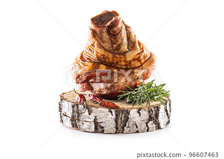 Smoked pork Bavarian knee with rosemary and chili peppers on birch wood - isolated on white 96607463