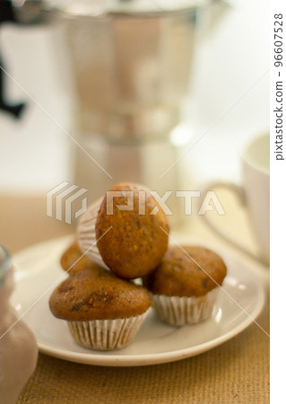 banana cake on a white plate eat with coffee 96607528