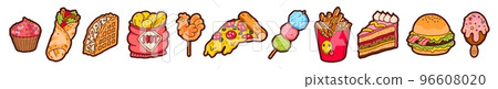 Junk food. Cartoon street food and desserts, sweet drinks, taco, hot dog with sausage and burger. Sandwich and fries potato. Cafe emblems and stickers. Ice cream and waffles. Vector isolated set 96608020
