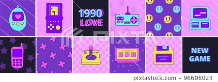 1990s geek stickers, windows elements. Neon 90s interface, retro pixel phone. bright patterns. vintage computer and arcade gamepad. Tetris and boombox. Square background vector illustration recent set 1990s geek stickers, windows elements. Neon 90s interface, retro pixel phone. bright patterns. vintage computer and arcade gamepad. Tetris and boombox. Square background vector illustration recent set 96608023