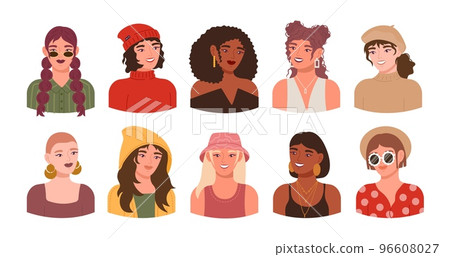 Female woman portrait, girl avatars collection. Feminism fashion, hipster glasses and hairstyles, multi ethnic creative characters, european and african people. Vector cartoon illustration 96608027