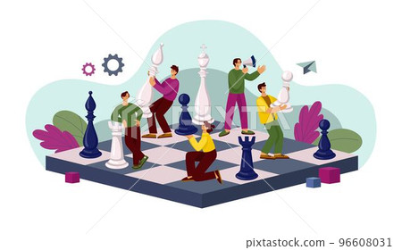 Chess piece company. Competition board. Tactic game management. Play strategy. Partnership idea. People on chessboard with bishop and pawn figures. Teamwork organization. Vector design tidy concept 96608031
