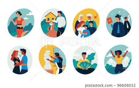 Self safety. Person growth psychology. Esteem human. Confidence basic health. Education and employment. Sport training. Hobby activity. Happy family. Love in couple. Vector flat icons set Self safety. Person growth psychology. Esteem human. Confidence basic health. Education and employment. Sport training. Hobby activity. Happy family. Love in couple. Vector flat icons set 96608032