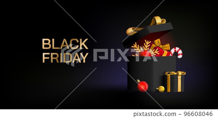 Black Friday Christmas sale. 3D gift box. Open gold present container with festive toys. Xmas holiday card. Happy luxury coupon. Shopping discount banner. Vector promotion background 96608046