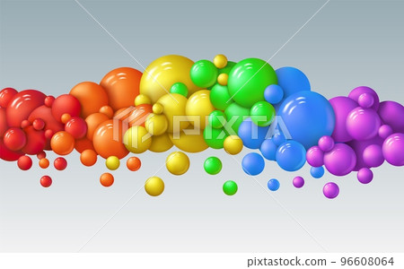 Rainbow birthday spheres, glossy balls background. Dynamic flying children bubbles, liquid plastic floating art. Horizontal line composition. 3d isolated balloons. Vector abstract concept Rainbow birthday spheres, glossy balls background. Dynamic flying children bubbles, liquid plastic floating art. Horizontal line composition. 3d isolated balloons. Vector abstract concept 96608064