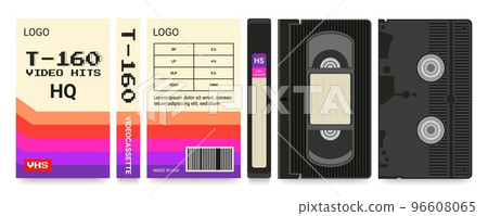 Movie cassette label. Beta box. 1980s old design camera technology. Black layout. Music recorder. VHS packaging design. Magnetic videotape. Retro videocassette. Vector cartoon illustration Movie cassette label. Beta box. 1980s old design camera technology. Black layout. Music recorder. VHS packaging design. Magnetic videotape. Retro videocassette. Vector cartoon illustration 96608065