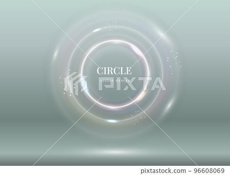 Light white circle. Glow effect. Shine sphere ring. Transparent flare bubble. Round shapes with glitter flares. Circular wave splashes. Abstract blank background. Vector banner design 96608069