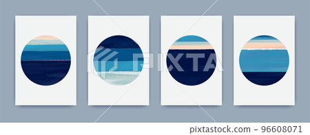 Abstract blue paint, modern art. Design bauhaus contemporary artwork in frame, minimalist posters. Marine stripes in round form. Contemporary watercolor decor, vector pattern background Abstract blue paint, modern art. Design bauhaus contemporary artwork in frame, minimalist posters. Marine stripes in round form. Contemporary watercolor decor, vector pattern background 96608071
