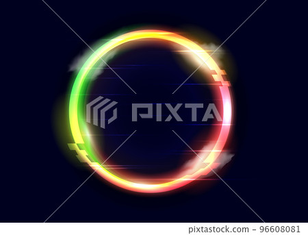 Neon circle. Led light ring shape. Glitch effect and smoke. Music concert. Minimal texture advert sign. Luminous element. Colorful gradient line form. Vector illustration background Neon circle. Led light ring shape. Glitch effect and smoke. Music concert. Minimal texture advert sign. Luminous element. Colorful gradient line form. Vector illustration background 96608081