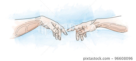 Michelangelo god hand, adam creation. Sistine chapel, renaissance touch, bible scene. Religious story. Watercolor and line drawing. Human arms and finger gesture. Vector art background 96608096