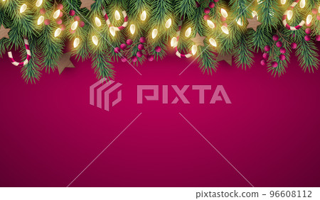 Holiday garland border, branch frame. Green for festive decor, winter new year advent, elegant christmas decoration, banner background, spruce tree, berry and light bulbs. Vector illustration 96608112