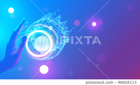 VR or AR abstract interface in hand of user in virtual reality simulation. Hand interacts with data infographics in augmented reality. VR technology abstraction conceptual background. Metaverse. 96608113