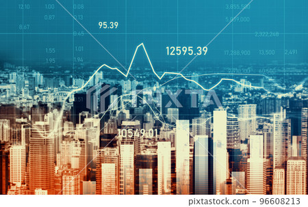 Financial graphs and modernistic cityscape as background for business concept. 96608213