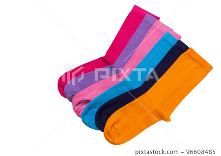 Six cotton socks of different colors are laid out in a row one on top of the other, on a white background Six cotton socks of different colors are laid out in a row one on top of the other, on a white background 96608485