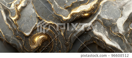 Splendid wavy pattern black and gold digital art marbling 3D illustration. 96608512