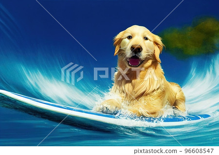 Spectacular golden retriever surfing on the beach. Digital art 3D illustration. Spectacular golden retriever surfing on the beach. Digital art 3D illustration. 96608547