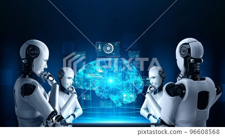 Thinking AI hominoid robot analyzing hologram screen showing concept of AI Thinking AI hominoid robot analyzing hologram screen showing concept of AI 96608568