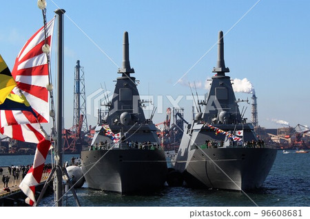 Maritime Self-Defense Force flag and escort ship Mogami left, Kumano right 96608681