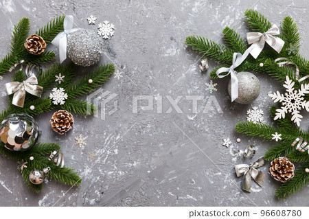 Christmas background with fir branches and Christmas decor. Top view, copy space for text Christmas background with fir branches and Christmas decor. Top view, copy space for text 96608780