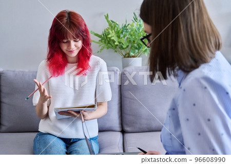 Teenage girl with notebook at individual lesson with teacher in office 96608990
