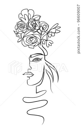 Woman with Flowers One Line Drawing. Continuous Line drawing of beauitiful female with a wreath of flowers on her head 96609007